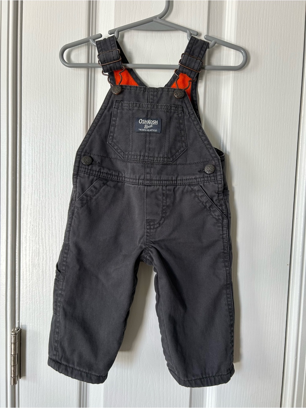 OshKosh B’Gosh Baby 6M Gray Fleece Lined Bib Overalls Orange Lined Cotton Winter